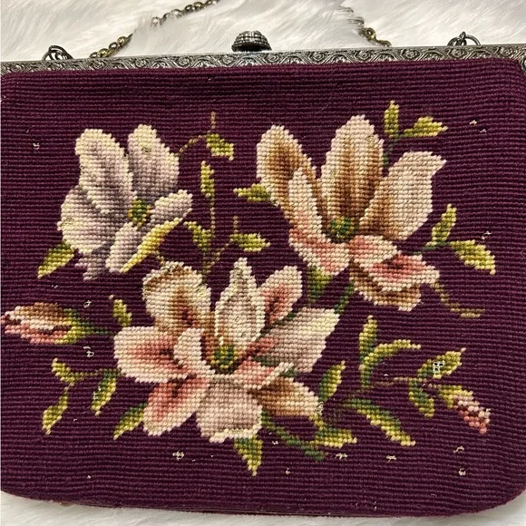 1950’s Style Vintage Needlepoint Floral Embroidered Burgundy Handbag - Picture 2 of 12